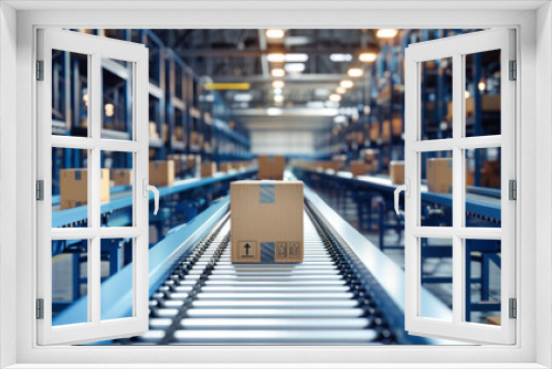 A cardboard box moves along a conveyor belt in a busy warehouse setting