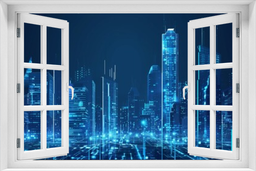 Modern Cityscape with Skyscrapers and Glass Buildings in Blue Shades Symbolizing Innovation and Technology. Representation of Digital Transformation in Real Estate