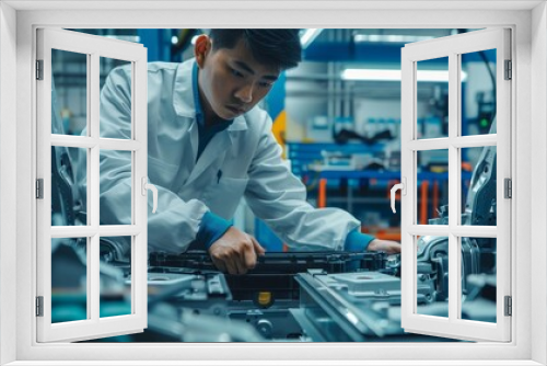 Photograph of an Asian engineer or technician working with an EV car battery cell module in a laboratory.