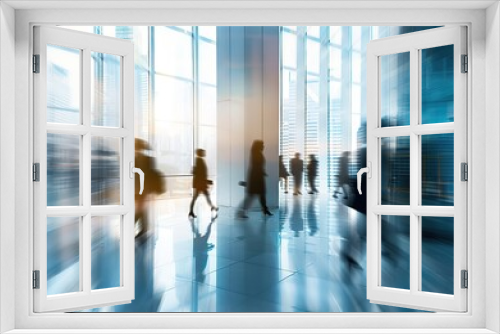 Blurred silhouettes of people walking in modern glass office lobby against backdrop of city skyscrapers. Dynamic movement of urban corporate environment. Ideal for professional themed business design