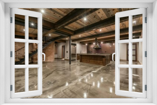 Spacious and stylish industrial kitchen with shiny concrete floors, exposed wooden beams, and brick walls