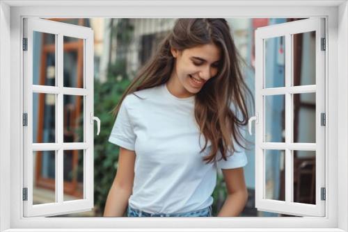 Happy Woman Modeling a T-Shirt on a City Street Generative AI