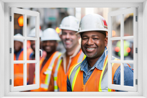 Happy construction team in safety gear posing on urban street