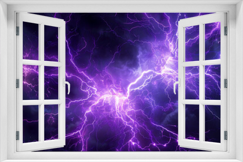 a captivating scene of vibrant purple lightning against a dark, stormy sky. The intricate network of electric bolts illuminates the scene with a bright
