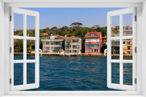 Fototapeta Naklejka Na Ścianę Okno 3D - Blue seascape overlooking the coast. View of the Bosphorus in Istanbul city on sunny summer day, in a public place.