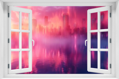 An abstract skyline with rectangles of different heights, shades of pink and purple, hd quality, digital rendering, high contrast, geometric design, modern aesthetic, artistic abstraction.