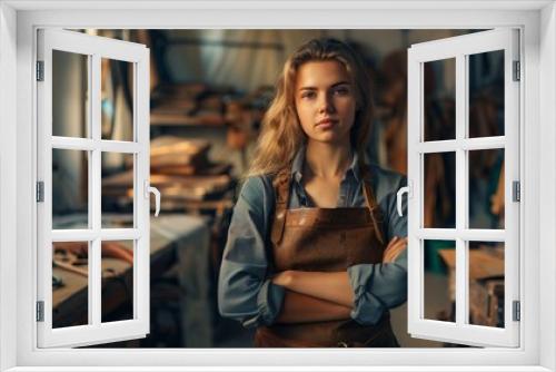 A close-up photograph of a woman tanner standing beside a workbench in a leather tannery, confidently looking at the camera