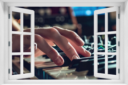 A close-up shot of a DJs hand manipulating a sound mixer during a performance