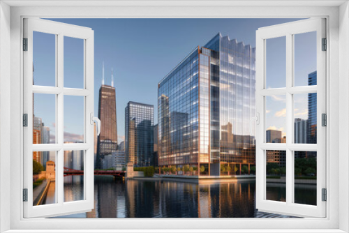 A modern office building in Chicago next to the river with tall skyscrapers around it, golden hour lighting