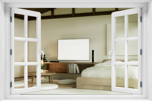 muji style empty room decorated with wooden bed, white wall and wooden wall. 3d rendering