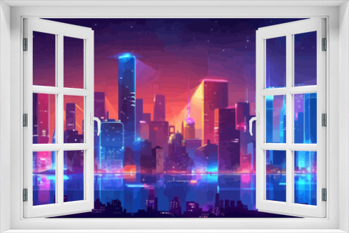Futuristic city skyline at night, with neon lights, holographic displays, and bustling streets below. Vector flat minimalistic isolated illustration.
