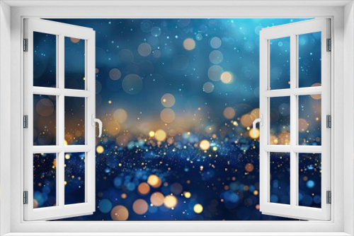 Abstract Blue and Gold Light Bokeh Background with White Glowing Particles. Luxury New Year or Christmas Celebration Banner