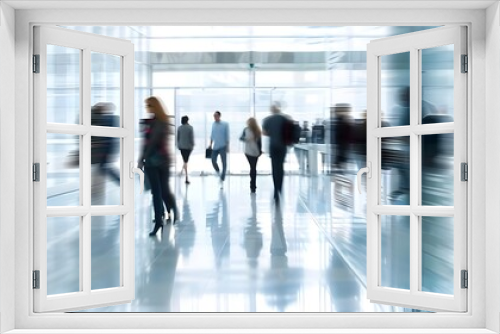 businesspeople in a blur on a background of white glass offices