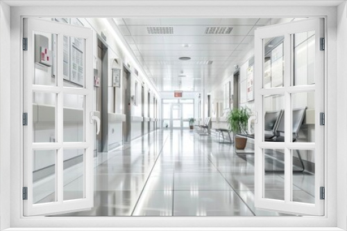 a white hospital hallway, contemporary medical design, with a waiting bench, and open space against a bright wall.
