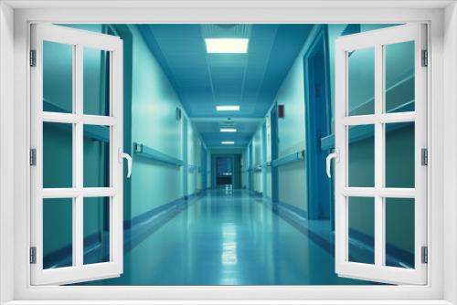 Long blue empty hospital corridor with doors on both sides