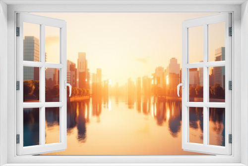 An illustration of a modern city skyline with reflections on the water during a vibrant sunrise
