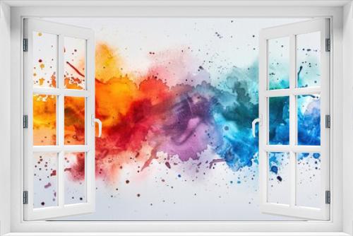 Vibrant watercolor splashes blend colors from red to blue on white background