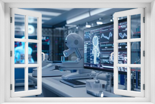 A sterile, advanced medical laboratory showcasing AI-powered diagnostic tools, including a high-tech scanner analyzing patient data on a large screen. Generative AI