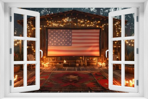 Outdoor Patriotic Movie Night with American Flag and String Lights Decor