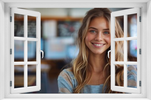 A bright and engaging portrait of a woman smiling at the camera, set in a school environment