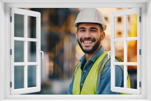 Cheerful male engineer with hard hat at construction area during daytime