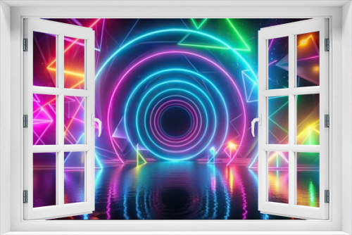 Swirling vortex of neon colors and glowing geometric shapes on a dark background, neon, vortex, glowing, geometric