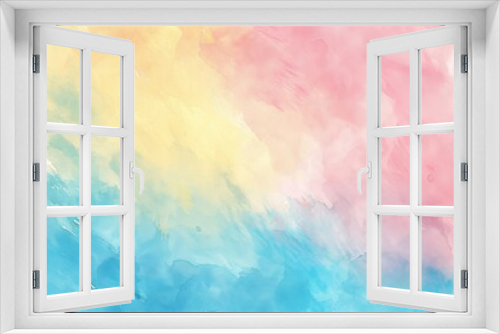 Abstract watercolor background with brush strokes creating a gradient from yellow to pink to blue, full of texture and ideal for a variety of projects