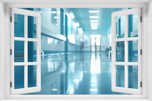 A hospital hallway with a bench in the middle. The hallway is very bright and clean