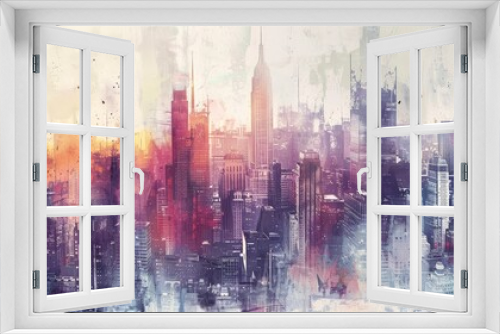Vibrant Watercolor Cityscape Painting in Abstract Style with Buildings and Streets