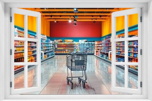 A shopping cart in an aisle in a grocery store. 