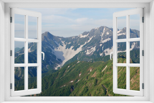 Fototapeta Naklejka Na Ścianę Okno 3D - Trekking course from Mt. Otensho-dake to Yari-Hotaka mountains in early summer / 表銀座縦走路，大天井岳山頂から眺める穂高連峰へのトレッキングコース～南岳・北穂高岳・奥穂高岳