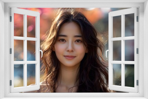 A charming Asian woman with a gentle smile and long, dark hair poses confidently in front of a pink background, showcasing her glowing skin