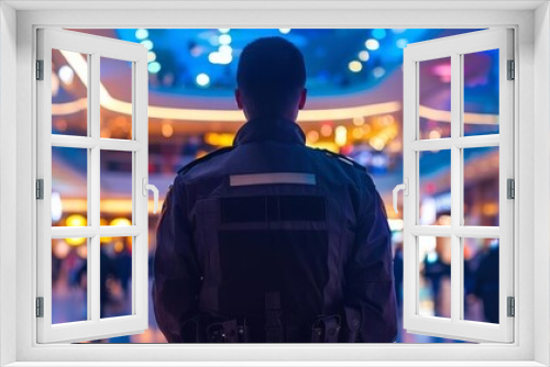 Mall security officer standing watch in a brightly lit shopping center, maintaining security, with a bustling crowd in the background