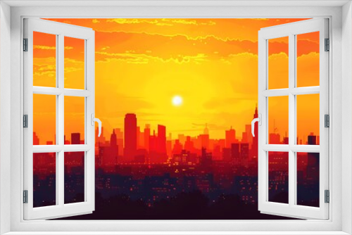 City Skyline at Sunset with Orange Sky