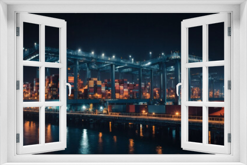 Futuristic shipping terminal at night, digital network overlays depict global logistics
