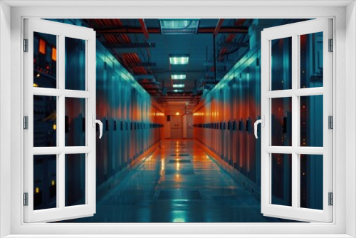 A long hallway in a modern building with many lights and possibly used for commercial or office spaces