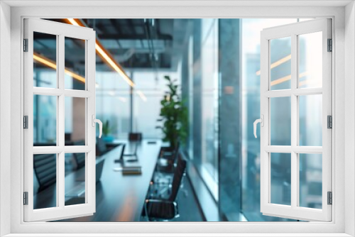 Blurry office interior with strategic lighting and panoramic windows, creating a feeling of openness and peace