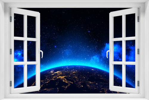 Fototapeta Naklejka Na Ścianę Okno 3D - Earth view from outer space background with night city lights, blue shining stars and galaxy