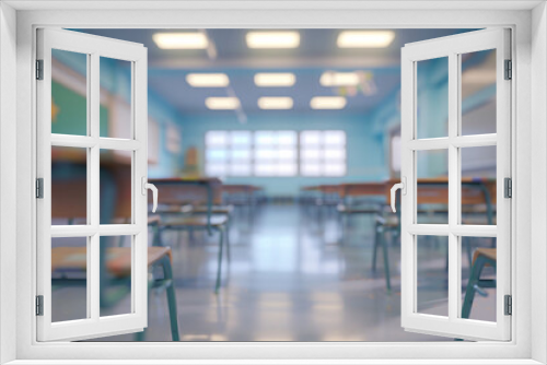 Blurry view of an elementary school classroom without kids or a teacher, created using an AI tool. Can be used for educational, back to school, or academic-themed designs.