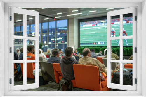 A group of people gathered in an airport lounge watching a sports game on a large screen, seated comfortably.