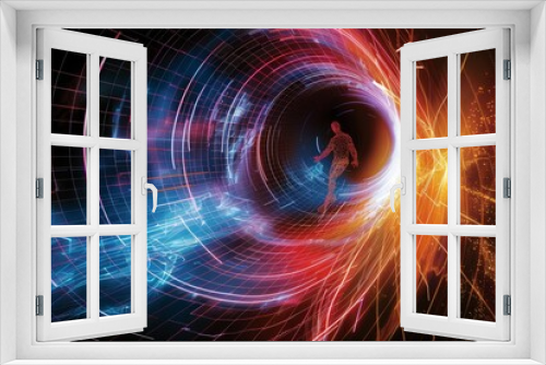 Abstract digital art depicting a human figure in a swirling vortex of glowing lines and particles, symbolizing the interconnectedness of technology and the human experience.