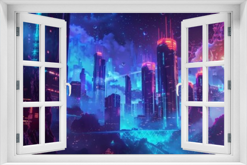 Futuristic cityscape with neon-lit skyscrapers and vibrant, colorful skyline. Digital art of a sci-fi city at night.