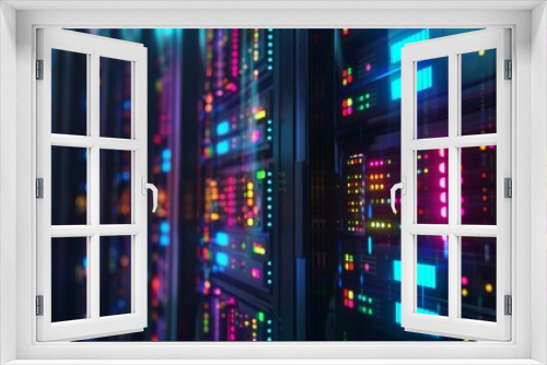 Close-up view of futuristic server racks with vibrant LED lights, showcasing modern data center technology and network infrastructure.