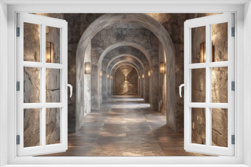 Ancient stone hallway illuminated by vintage sconces, showcasing a historical architectural design with a mystical atmosphere.