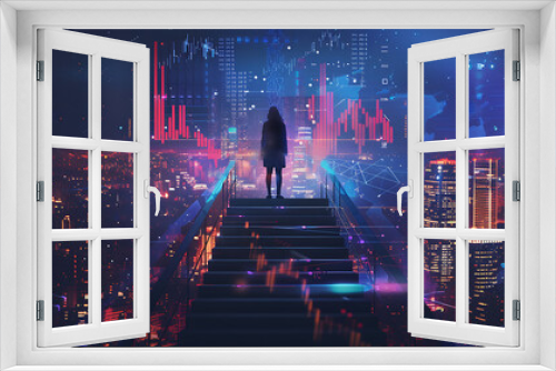 a person standing atop a staircase overlooking a cityscape at night, with digital elements such as graphs and numerical values that imply a focus on business growth