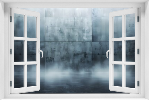 A large blank wall with concrete walls and fog in the background, rendered as an empty black box for showcasing artwork or video content.