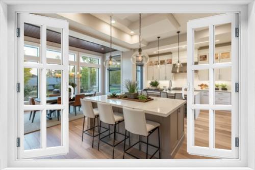 Modern open-concept kitchen with a large island, pendant lighting, and white cabinetry, adjacent to a dining area with large windows showcasing a scenic view.