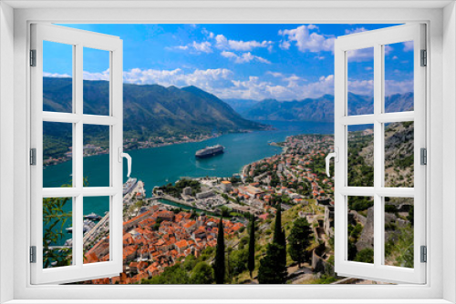 Fototapeta Naklejka Na Ścianę Okno 3D - Looking over the Bay of Kotor in Montenegro with view of mountai