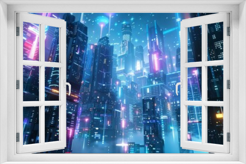a futuristic cityscape bathed in various hues of artificial light