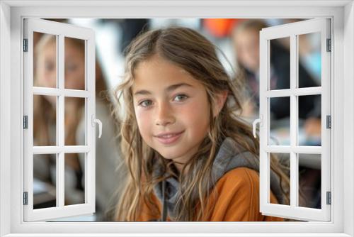 Young girl smiling in classroom, participating in educational activities, focus on environmental education, climate change, children learning about sustainability, ecological impact in workshop.